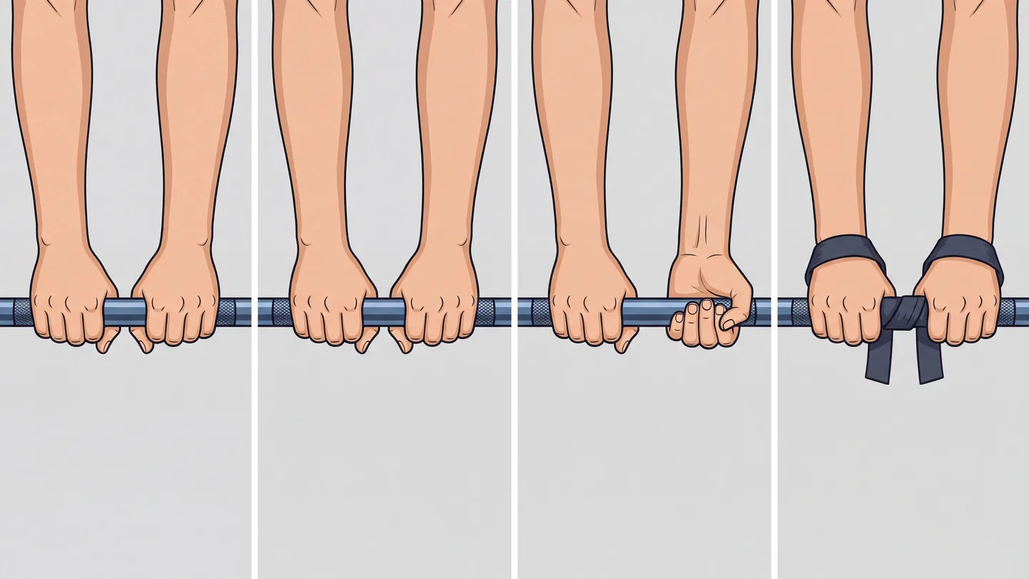 Four panels of two hands holding a barbell, seen from the front: double overhand, hook, mixed with one palm turned out, and straps looped around the wrists and the bar.